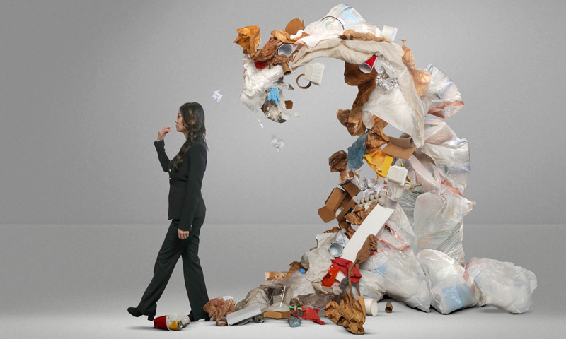 Bild zeigt einen Müllberg, der sich hinter einem Menschen auftürmt.